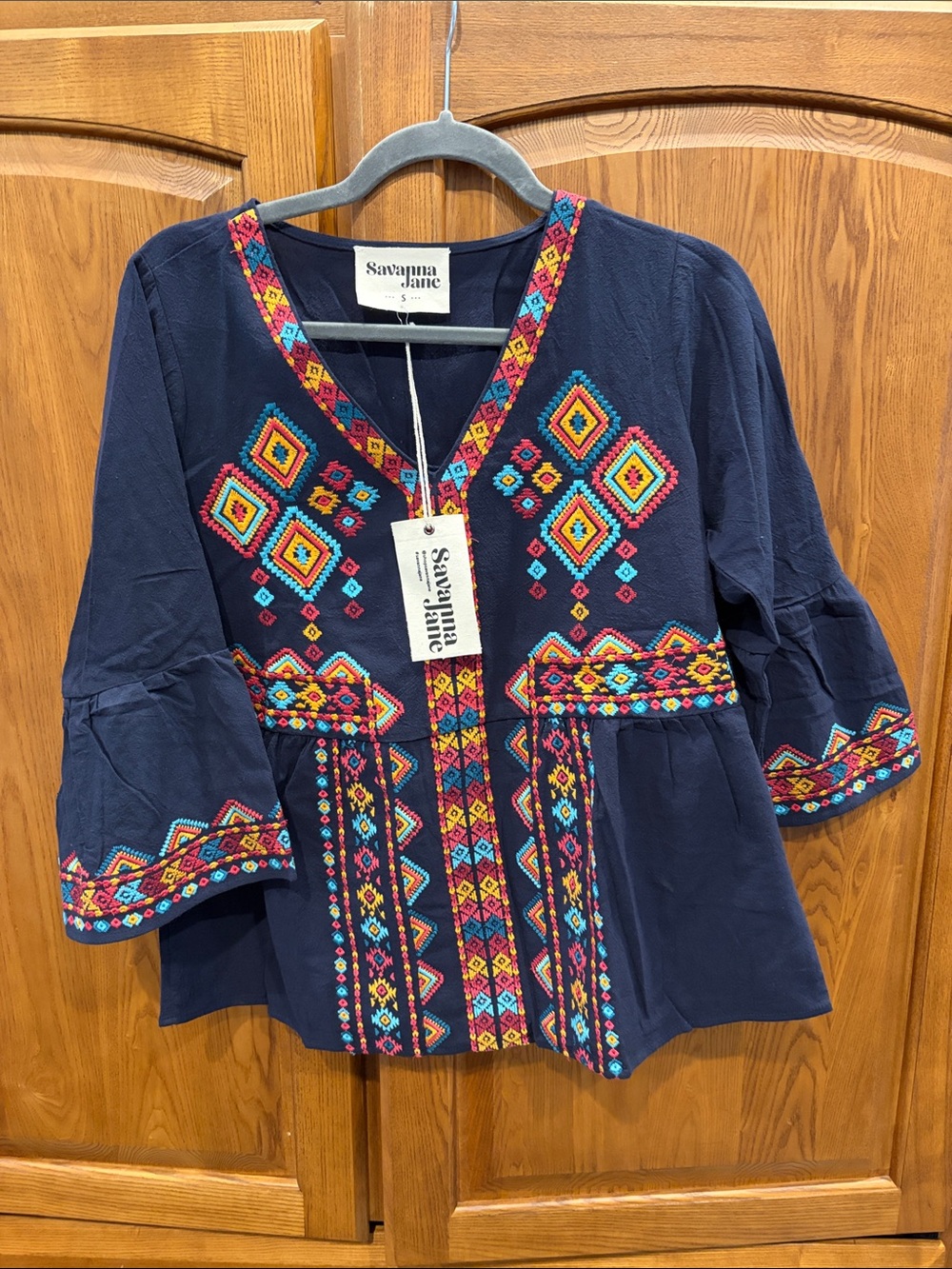 NWT Savanna Jane Navy Tunic with Multicolor Geometric Embroidery size small
